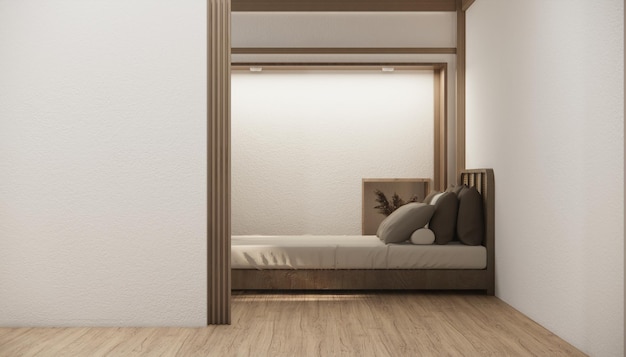 Japan style empty room decorated with wooden bed white wall and wooden wall