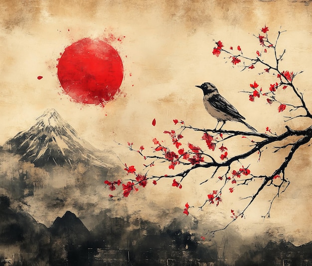 Japan traditional sumie painting Fuji mountain sakura and bird