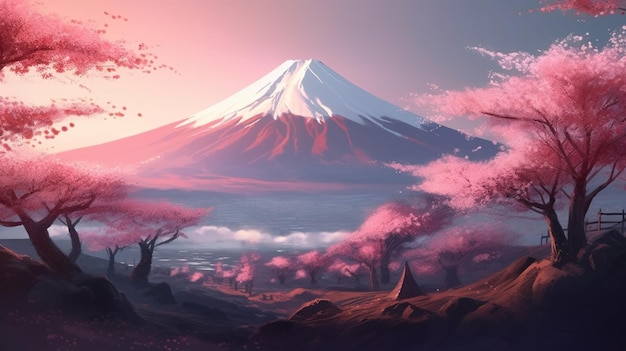 Japan volcanic mountains Asian scenic with cherry trees Mount Fuji AI Generative