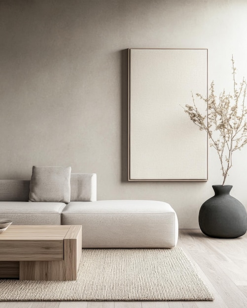 Japandi living room interior composition blending Japanese and Scandinavian minimalism with elegant furniture