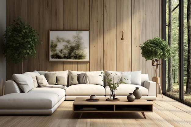 Japandi style interior design of modern living room with white sofa and wooden paneling wall