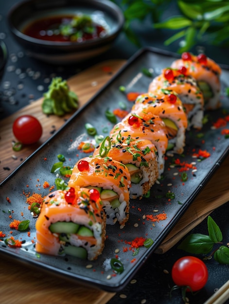 Japanese Alaska Roll Salmon avocado cucumber sushi detailed setting dark background