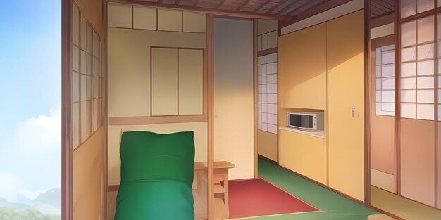 Japanese anime style cozy bedroom with yukimi shoji windows balcony trees outside sunlight day