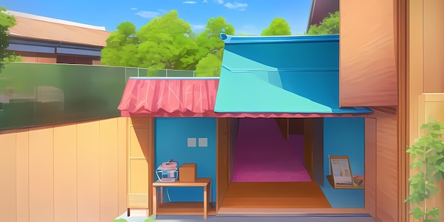 Japanese anime style cozy bedroom with yukimi shoji windows balcony trees outside sunlight day