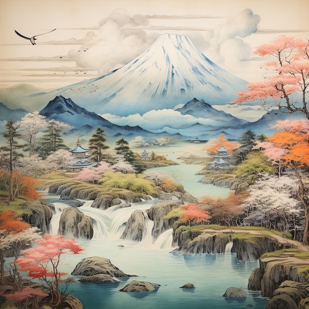 Japanese art on mountain and river