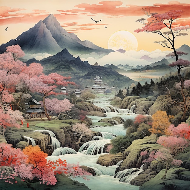 Japanese art on mountain and river