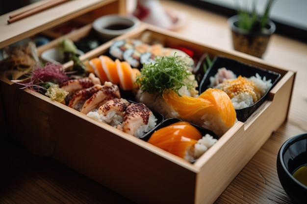 Japanese Bento Box With a colorful arranged of sushi rolls Generative AI