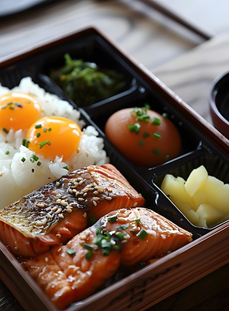 Photo japanese bento box with salmon and rice