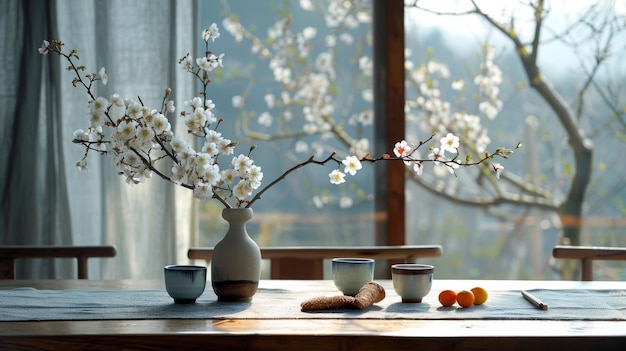 Japanese breakfast with aromatic crispy croissants hot coffee and tangerines stands on a table