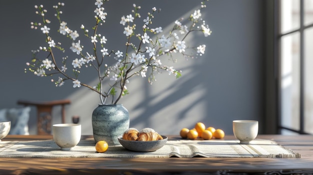 Japanese breakfast with aromatic crispy croissants hot coffee and tangerines stands