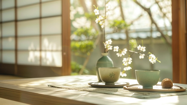 Japanese breakfast with aromatic crispy croissants hot coffee and tangerines stands