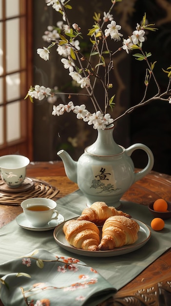 Japanese breakfast with croissants and cherry blossom branches in a vase