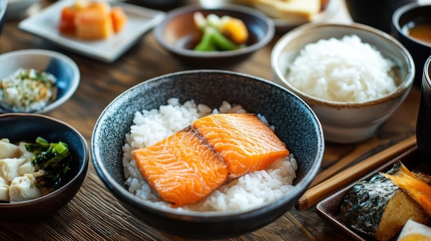 Japanese Breakfast with Salmon and Rice