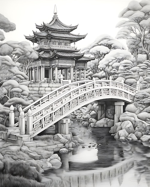 Japanese Bridge in Black and White Drawing