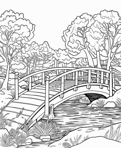 A japanese bridge over a stream.