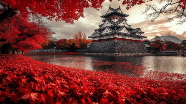 Japanese Castle Amidst Red Autumn Leaves and a Tranquil Lake