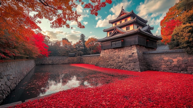 Japanese Castle Surrounded by Autumn Leaves and Water