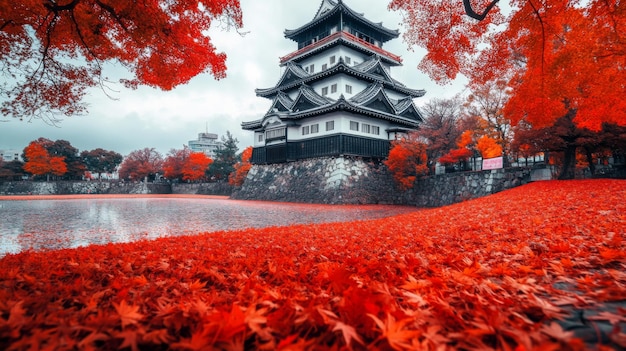 Japanese Castle with Red Maple Leaves in Autumn