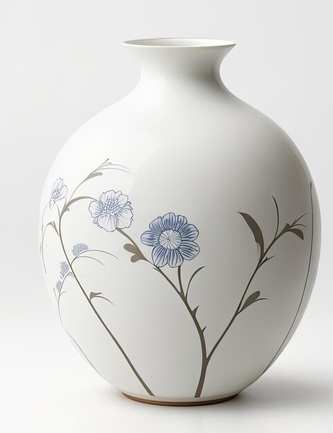 Japanese ceramic vase with floral pattern on the white background Interior decor