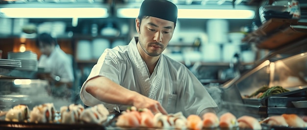 A japanese chef with black is preparing sushi in a restaurant