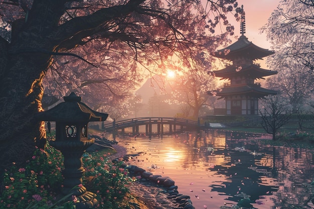 Japanese cherry blossom garden with a pagoda at su