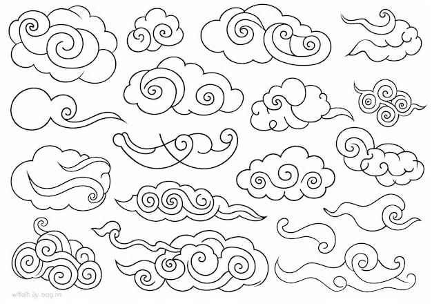 Photo japanese or chinese cloud ornament doodle drawing collection set with white isolated background