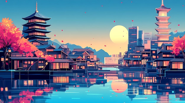 Photo a japanese cityscape with pagodas traditional houses and a bright moon