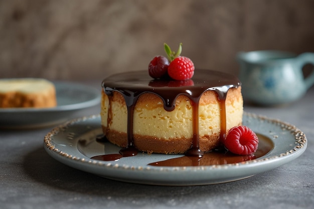 Japanese cotton souffle cheesecake decorated with chocolate glaze on ceramic plate