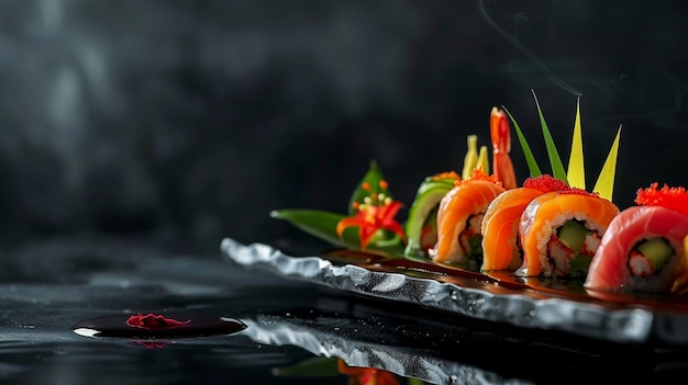 Japanese Cuisine Delight Exquisite Sushi Plate with Fresh Garnishes