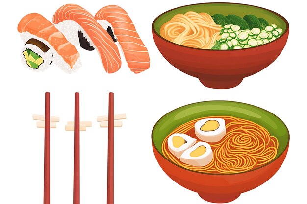 Photo japanese cuisine illustration sushi and ramen bowls with chopsticks