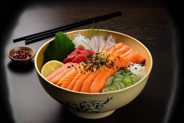 Japanese cuisine in a restaurant salmon sashimi salad served in a ceramic bowl