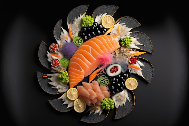 Japanese cuisine sashimi Sashimi of mixed fish slices against a black background Salmon and tuna sashimi set close up featuring tuna shrimp flying fish roe caviar and foie gras Restaurant men