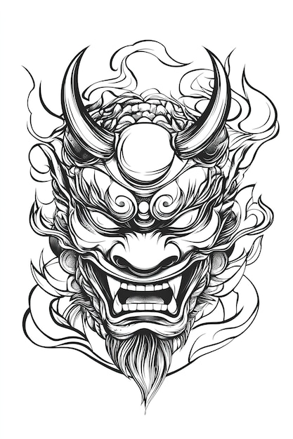 Photo japanese demon mask illustration black and white line art tattoo design