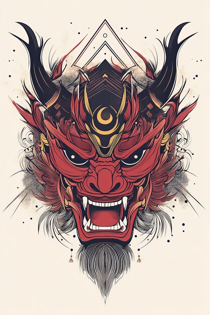 Photo japanese demon mask illustration red gold black graphic art