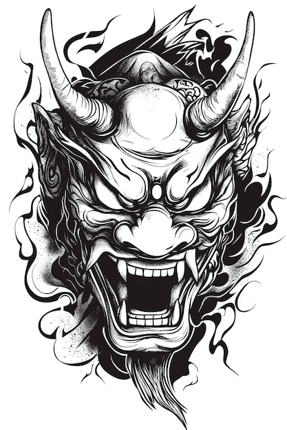 Photo japanese demon mask tattoo design traditional ink illustration