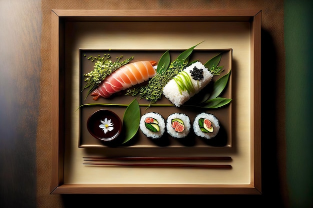 Japanese dishes at restaurant sashimi rolls and sushi set with soy sauce