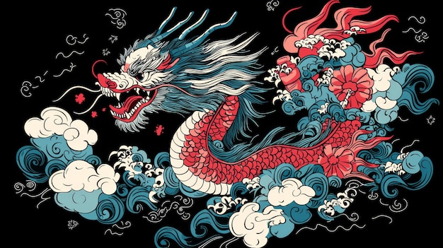 Japanese Dragon Illustration with Clouds and Waves