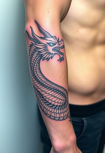 Japanese dragon tattoo illustrative linework masculine forearm