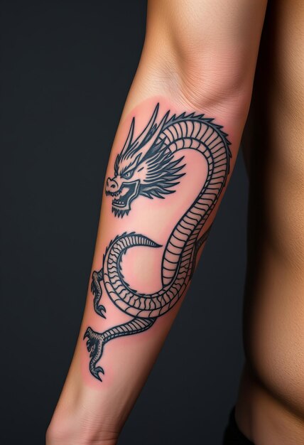 Japanese dragon tattoo illustrative linework masculine forearm