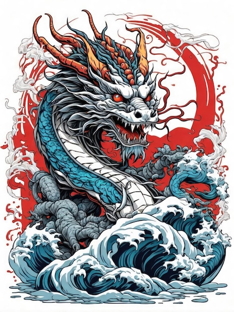 japanese dragon on waves