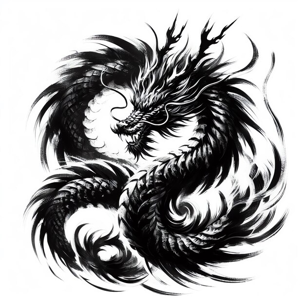 Japanese Dragon Wet Brush Ink Illustration