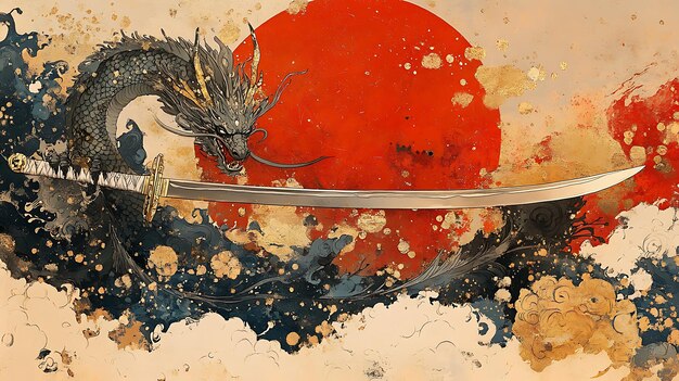 Photo japanese dragon with sword and rising sun