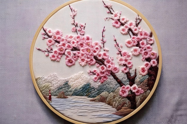 Japanese Embroidery Captures The Elegance Of Cherry Blossoms And Nature Generative AI