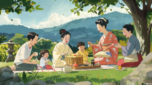 Japanese family having a picnic in a local park depicting a typical weekend outing