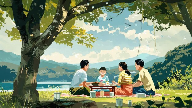 Japanese family having a picnic in a local park depicting a typical weekend outing