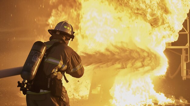 Photo japanese firebarged man capturing fire suppression expert working control severe blaze scene