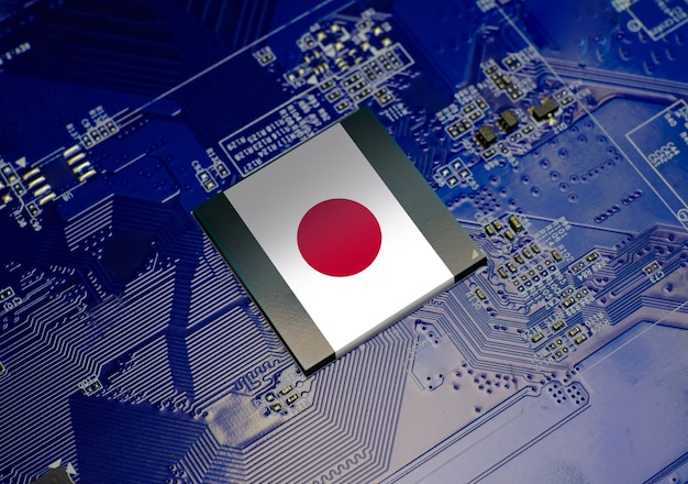 Japanese flag on CPU operating chipset computer electronic circuit board