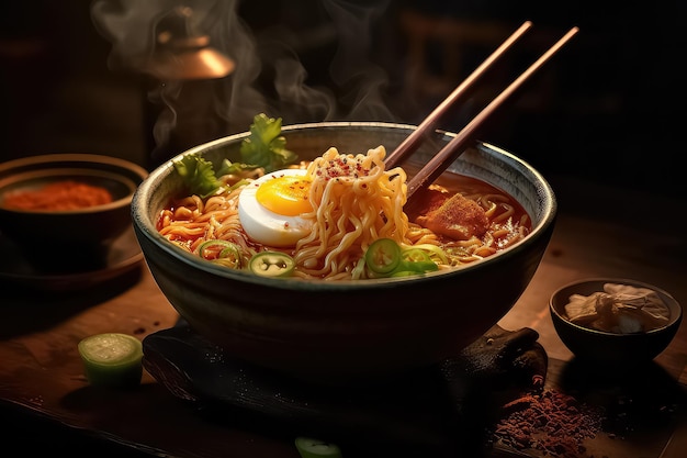 Japanese food asian miso ramen noodles with egg pork and pak choi in a bowl AI