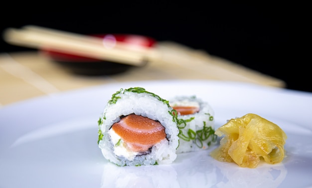 Japanese food delicious salmon uramaki sushi with rice