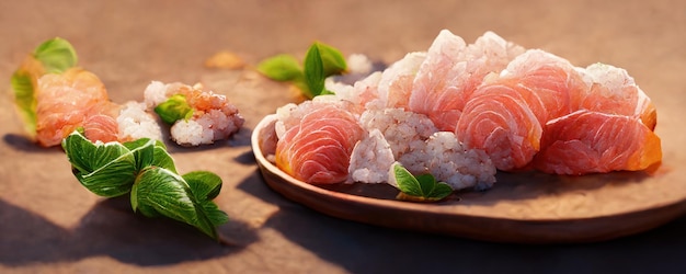 Japanese food mix on restaurant table sashimi salmon sushi and wasabi